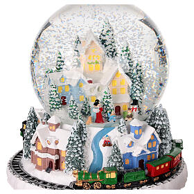 Glass snow globe with snowy landscape, base with train, 6x6x6 in