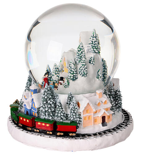 Glass snow globe with snowy landscape, base with train, 6x6x6 in 3