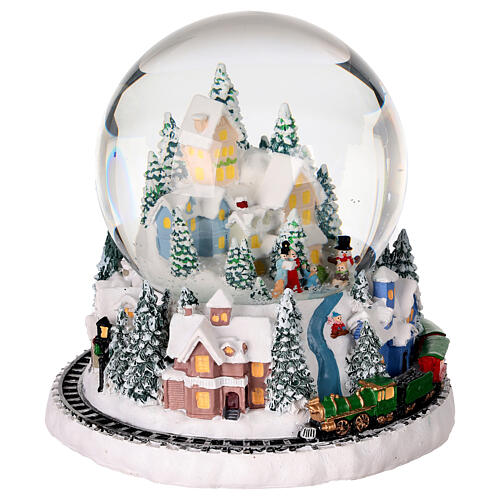 Glass snow globe with snowy landscape, base with train, 6x6x6 in 4