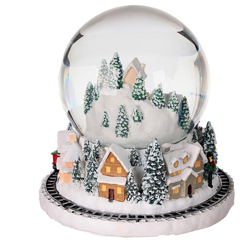 Glass snow globe with snowy landscape, base with train, 6x6x6 in 5