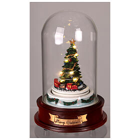Glasglocke, Weihnachtsbaum mit Zug – LEDs, Musik, H 20 cm, Ø 13,5 cm