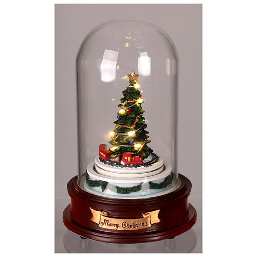 Cloche en verre petit train sapin de Noël lumières musique 20x15x15 cm 2