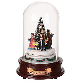 Glass dome with Christmas carolers around a tree, lights and motion, 8x6x6 in