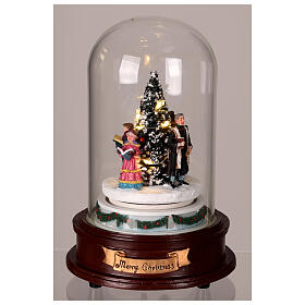 Glass dome with Christmas carolers around a tree, lights and motion, 8x6x6 in