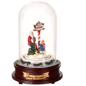 Glass dome with Santa and puppies, lights and motion, 8x6x6 in