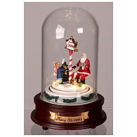 Glass dome with Santa and puppies, lights and motion, 8x6x6 in