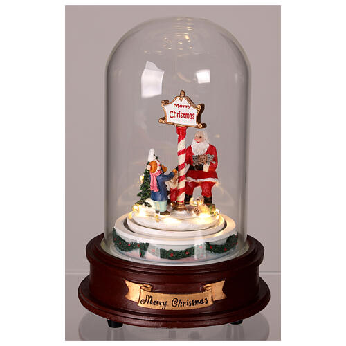 Glass dome with Santa and puppies, lights and motion, 8x6x6 in 3