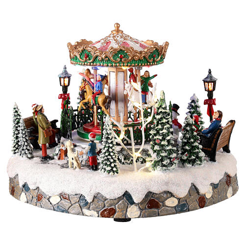 Carrossel de Natal com animais iluminado e em movimento 20x20x15 cm 1