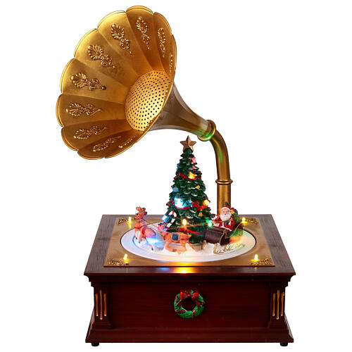 Illuminated gramophone, Santa on his sleigh in motion, 10x10x14 in 1