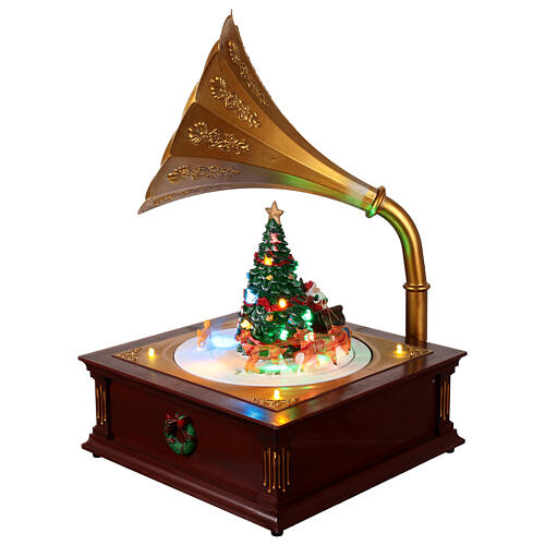 Gramophone éclairé Père Noël avec traîneau mouvement 25x25x35 cm 3