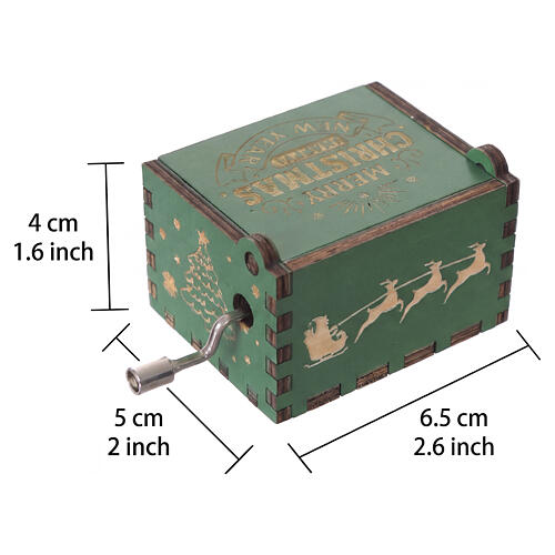 Green wooden Christmas music box with crank, 1.6x2.6x2.0 in 2