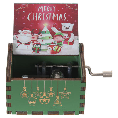 Green wooden Christmas music box with crank, 1.6x2.6x2.0 in 5