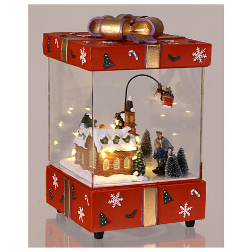 Geschenkpaket, rot – mit Kirche, Weihnachtsmannschlitten und Bewegung, 15 × 15 × 25 cm 3