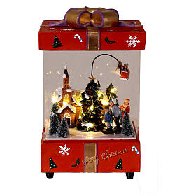 Red gift package with church, Santa sleigh in motion, 6x6x10 in