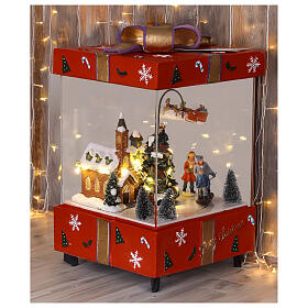 Red gift package with church, Santa sleigh in motion, 6x6x10 in