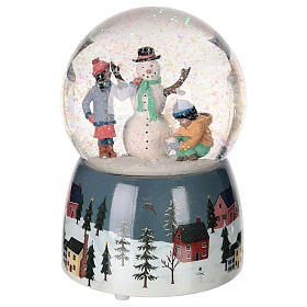 Glass snow globe: snowman and snowy landscape, glitter and music box, 6x4x4 in