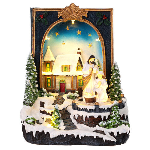 Christmas scene with Nativity, book with snowy village, music and lights, 10x8x6 in 1