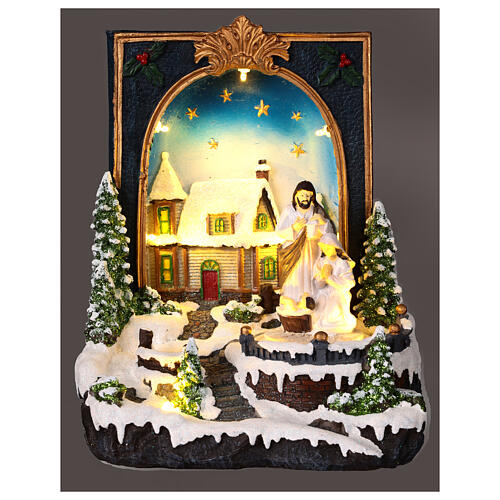 Christmas scene with Nativity, book with snowy village, music and lights, 10x8x6 in 2