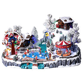 Villaggio Natalizio LED funivia pattinatori ruota panoramica corrente 65x45x31 cm