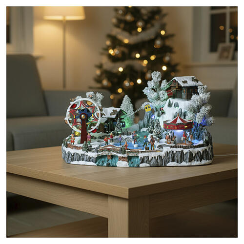 Villaggio Natalizio LED funivia pattinatori ruota panoramica corrente 65x45x31 cm 6