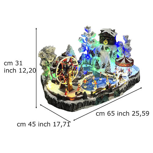 Cenário natalino em miniatura com teleférico, patinadores e roda gigante luzes LED 65x45x31 cm 3