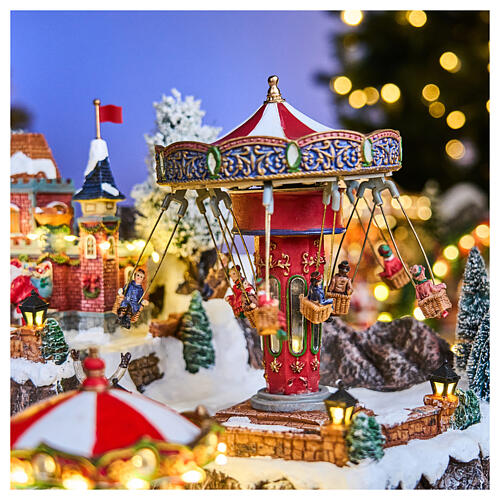 Christmas village: amusement park with hot air balloon, lights and music, 25x18x14 in, transformer 6