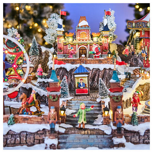 Christmas village: amusement park with hot air balloon, lights and music, 25x18x14 in, transformer 9