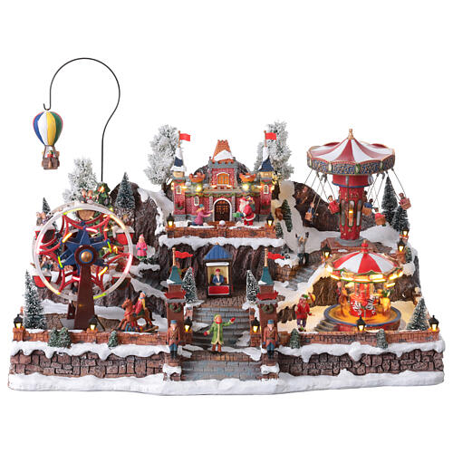 Miasteczko bożonarodzeniowe Luna Park z balonem na ogrzane powietrze, oświetleniem i muzyką, 65x45x35 cm, zasilanie sieciowe, transformator w zestawie 1