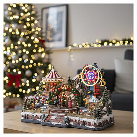 Winterszene „Jahrmarkt“ – Deluxe-Ausführung mit LEDs, Tänzern, Karussell und Riesenrad, 65 × 60 × 40 cm, Strombetrieb