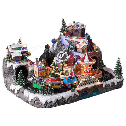 Villaggio Natale Deluxe musica movimento treno funivia LED colorati corrente 70x60x40 cm 8