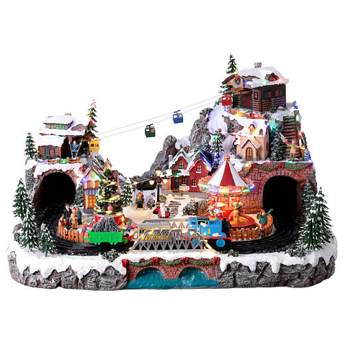 Deluxe Christmas Village with Music, Animated Train, Cable Car, Colorful LED Lights, 70x60x40 cm 1