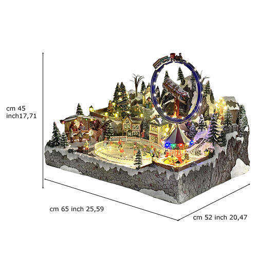 Cenário natalino Deluxe com patinadores, comboio, trenó e carrosséis 65x50x45 cm corrente eléctrica 3