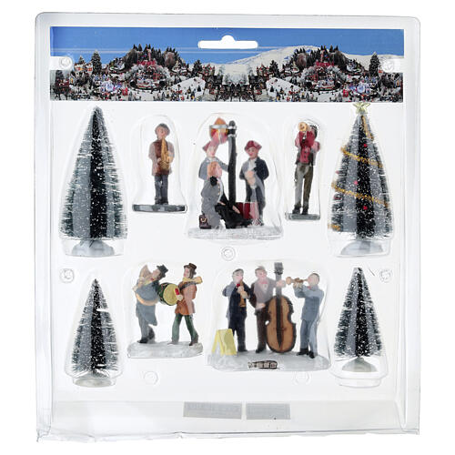 Set músicos y árboles surtidos para aldea navideña 8 cm 9
