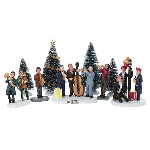 Ensemble de musiciens et arbres assortis pour village de Noël 8 cm 1