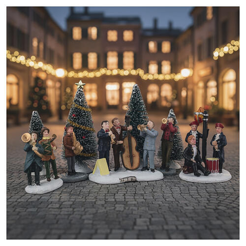 Ensemble de musiciens et arbres assortis pour village de Noël 8 cm 2