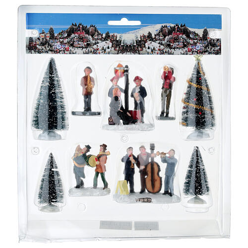 Set musicisti e alberi assortiti per villaggio natalizio 8 cm 8