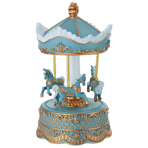 Carrousel boîte à musique avec chevaux bleu et or 21 cm 1