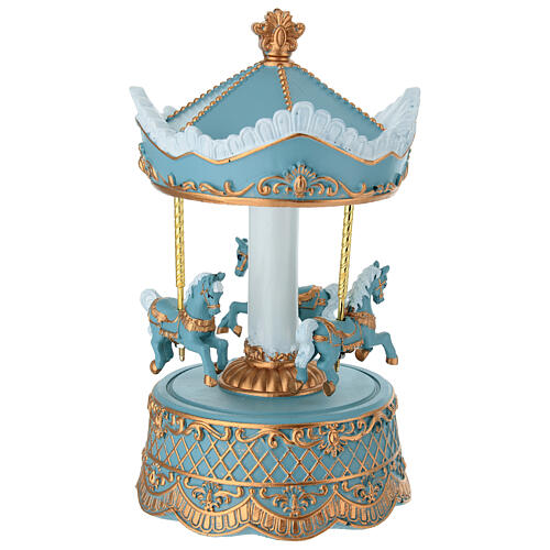 Carrousel boîte à musique avec chevaux bleu et or 21 cm 2
