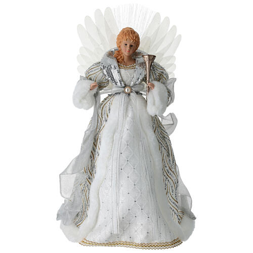 Angelo vestito bianco tessuto con strass argentati puntale albero 35x15x40 cm 1