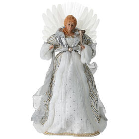 Anjo vestido branco tecido com pedras strass prateadas 35x15x40 cm