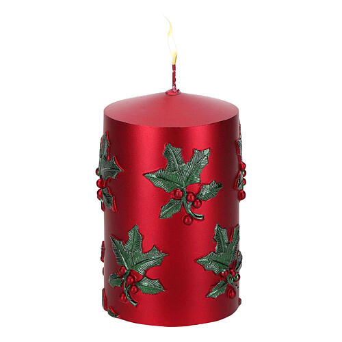 Candela natalizia rossa decoro agrifogli e bacche 7x12 cm 1