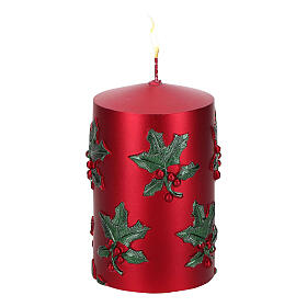Red Christmas candle with holly and berry decoration 7x12 cm