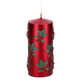 Weihnachtskerze, Rot mit Stechpalmen- und Beerendekor, Ø 7,6 × 16,5 cm