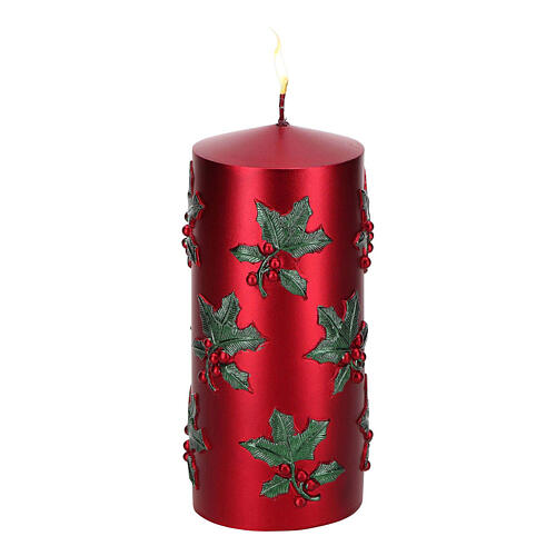 Bougie de Noël rouge décor houx et baies 8x15 cm 1