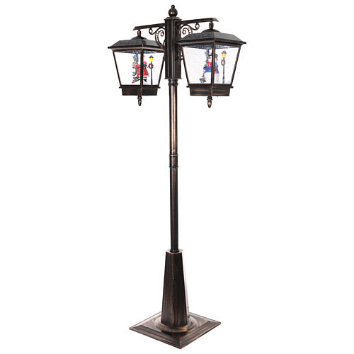 Black and grey lamppost with snow motion, two lanterns: Santa Claus and snowman, 70 in 3