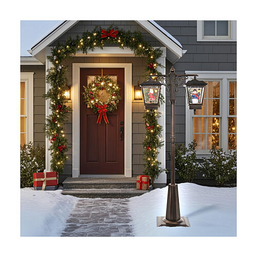 Lampione nero grigio movimento neve due lanterne Babbo Natale pupazzo neve 180 cm 2