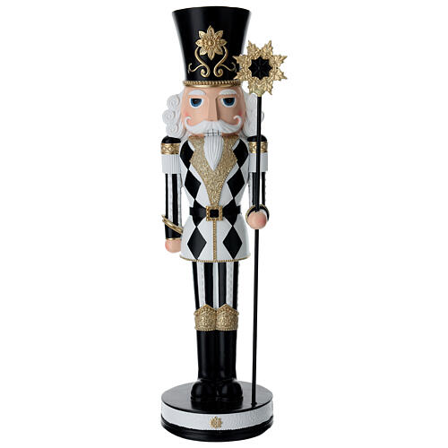 Cascanueces negro blanco y oro con bastón 40 cm resina 1