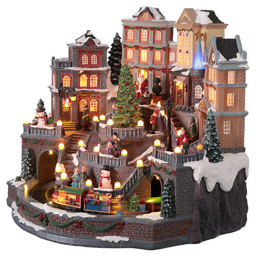 Municipio con albero di Natale e treno movimento con luci e musica 45x40x40 cm 3