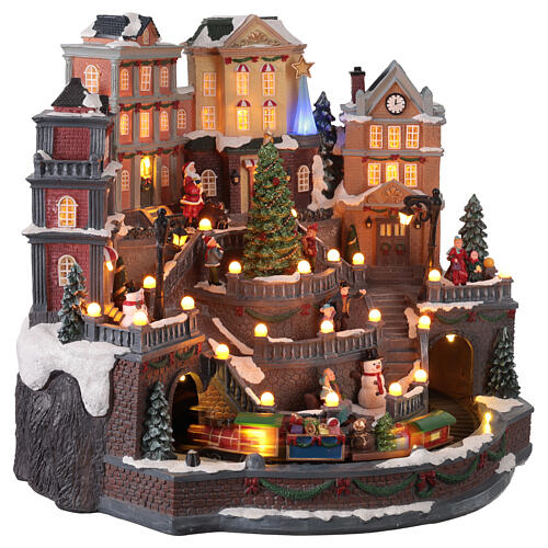 Municipio con albero di Natale e treno movimento con luci e musica 45x40x40 cm 5
