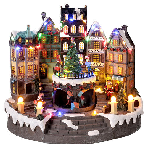 Town hall with Christmas tree, motion, lights and music, 12x8x10 in 1